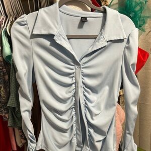 Gray Long Sleeve Ruched Blouse with Notched Collar